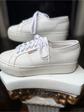Superga 2790 White Nappa Leather Platform Sneakers Size 9